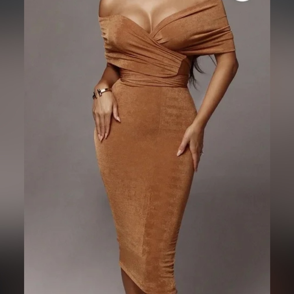 JLUXLABEL Elizabeth Pecan Brown Multi Midi Dress S